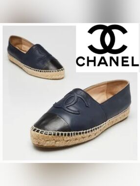 Chanel CC Logo Navy & Black Lambskin Leather Espadrilles Flats Sz 39 US 8